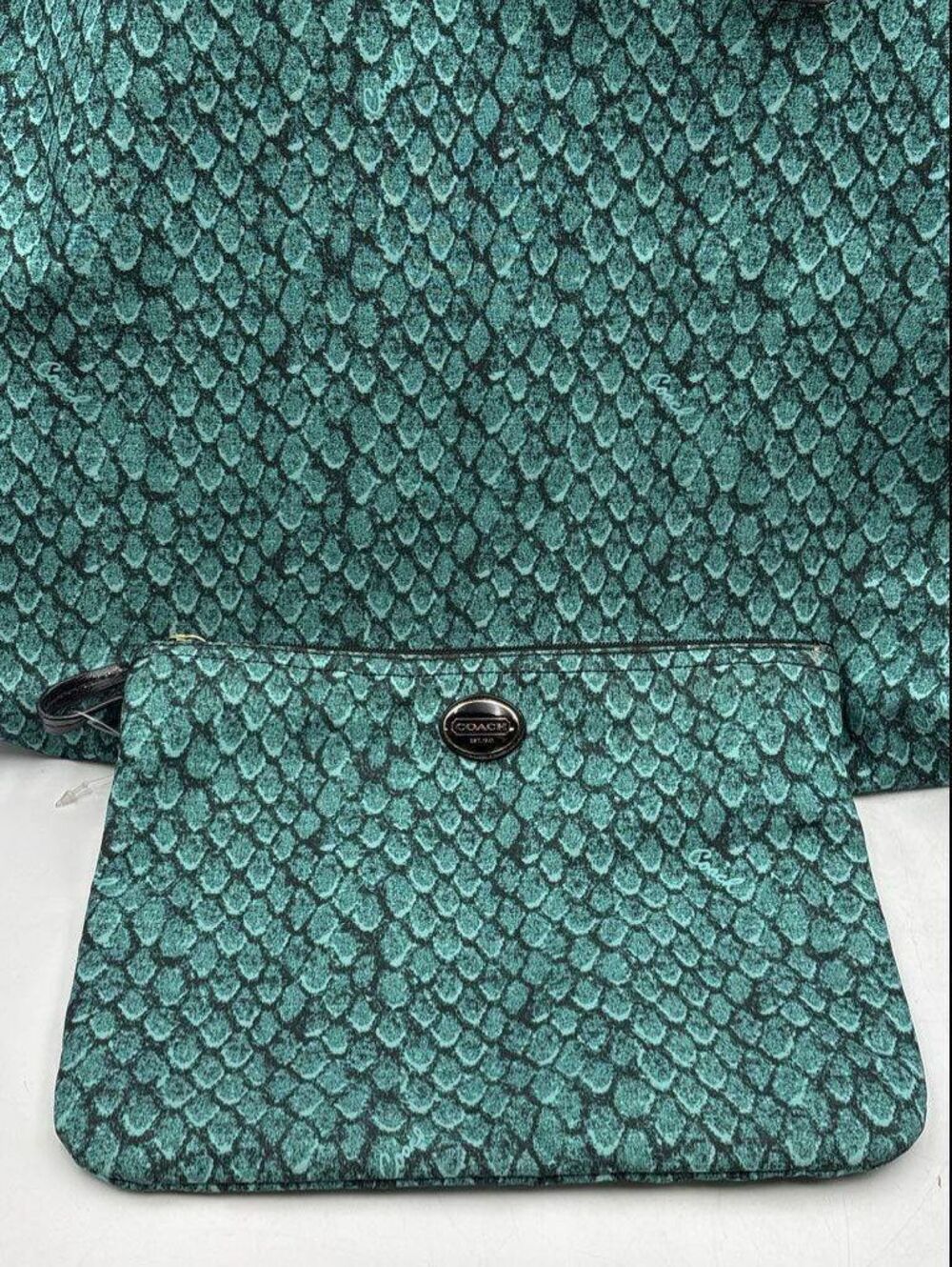 Coach Womens Teal Snake Print Tote Bag Matching Wallet and Zipper Pouch Set